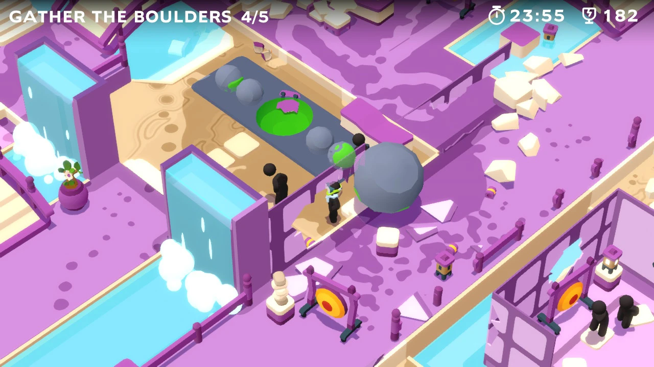 A purple office has shattered bots, a giant spherical bolder next to a serene waterfall.