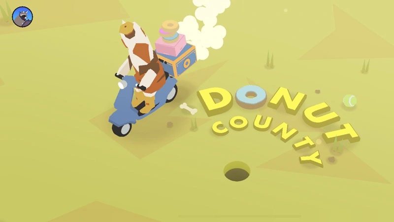 A bird on a motor scooter looking at a small hole in the ground. The words "Donut County" arc across the image.