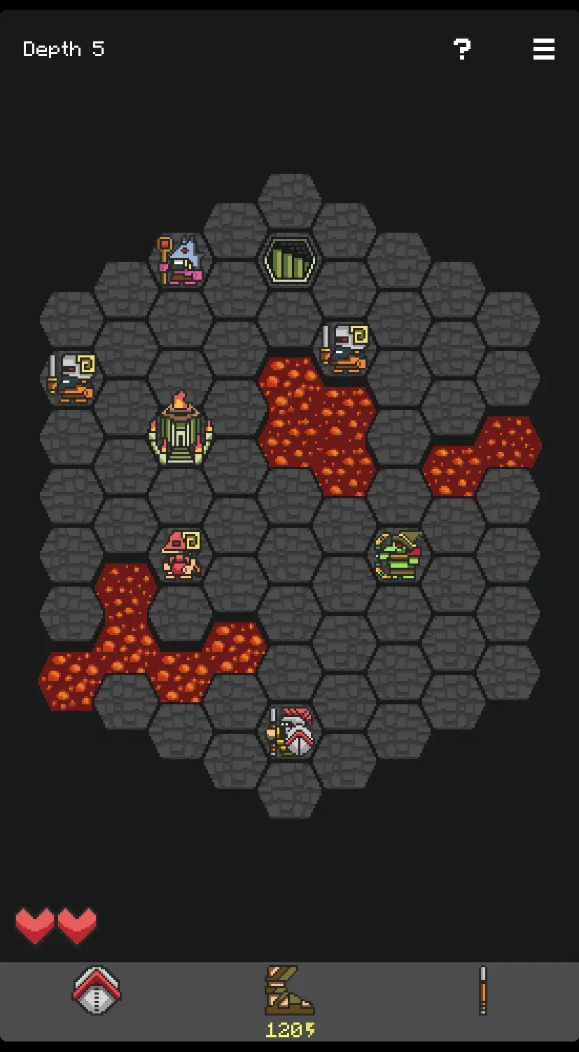 Image of a game level. The hoplite soldier is at the bottom, and the level is filled with enemies and lava. There is one upgrade shrine and one staircase leading to the next level. 