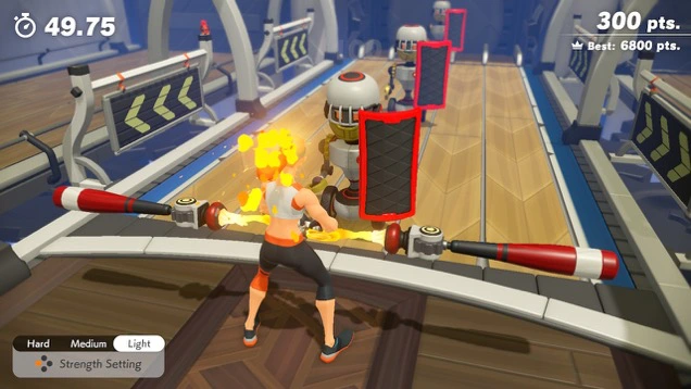 Picture of the player character holding a double-sided baseball bat while robots advance on her. 