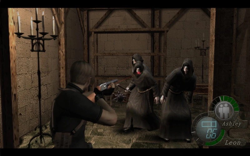 Leon pointing a shotgun at aggressive cultists.