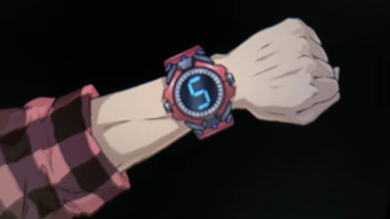 An arm with a bracelet on the wrist. The bracelet has a screen showing the number five.