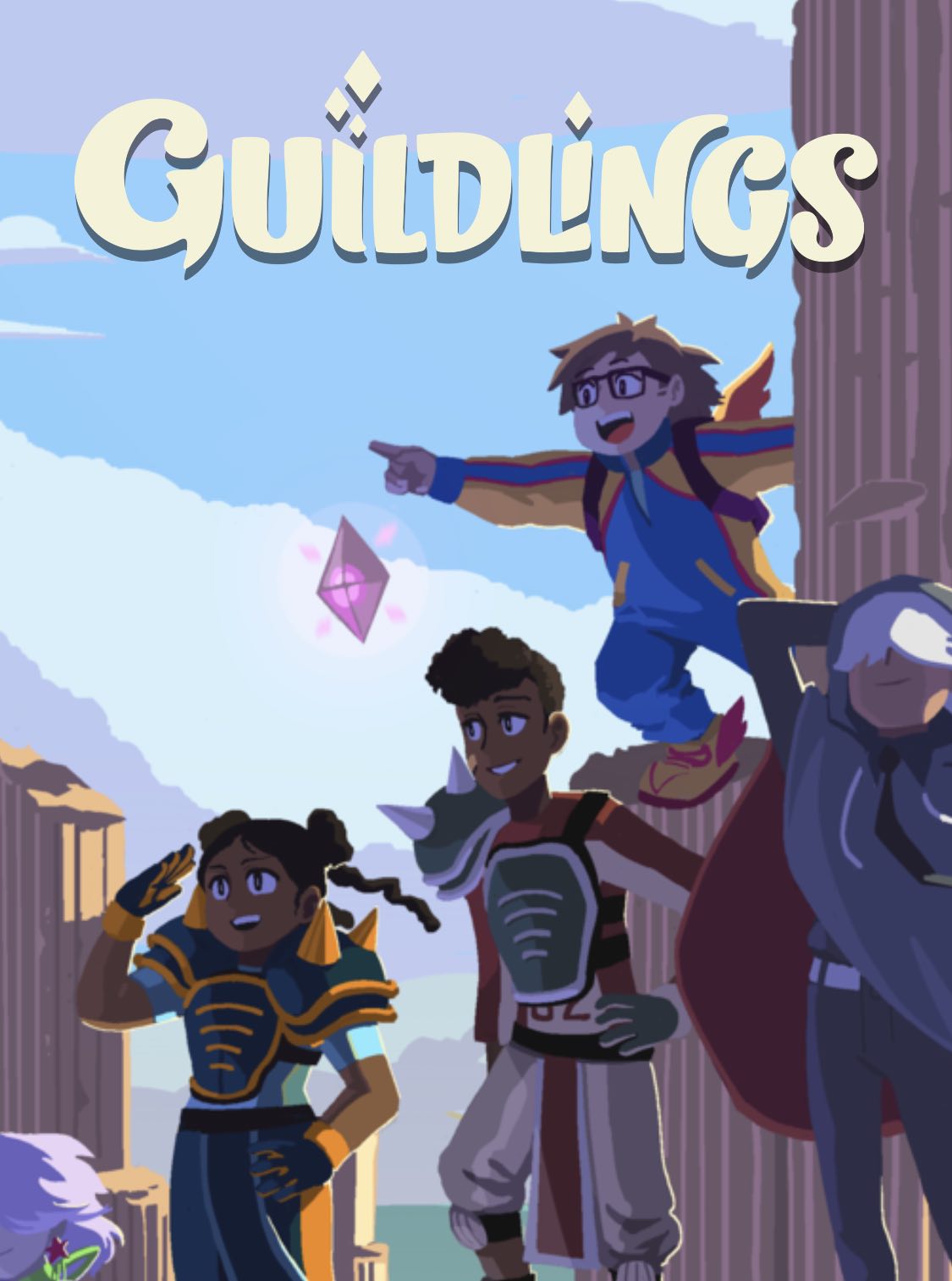 Four characters are pictured among ruins with the Guildlings title above them.