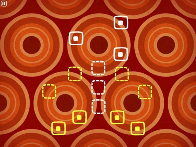 Image of game space, depicting white and yellow targets on a retro 70's background.