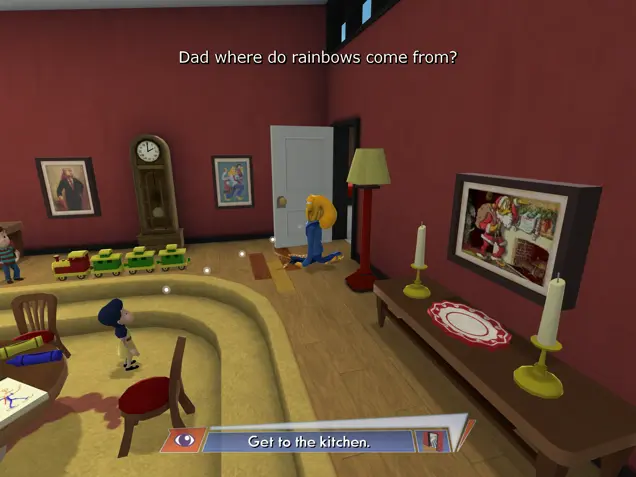 Octodad walking across a living room, while his daughter asks "Dad where do rainbows come from?"