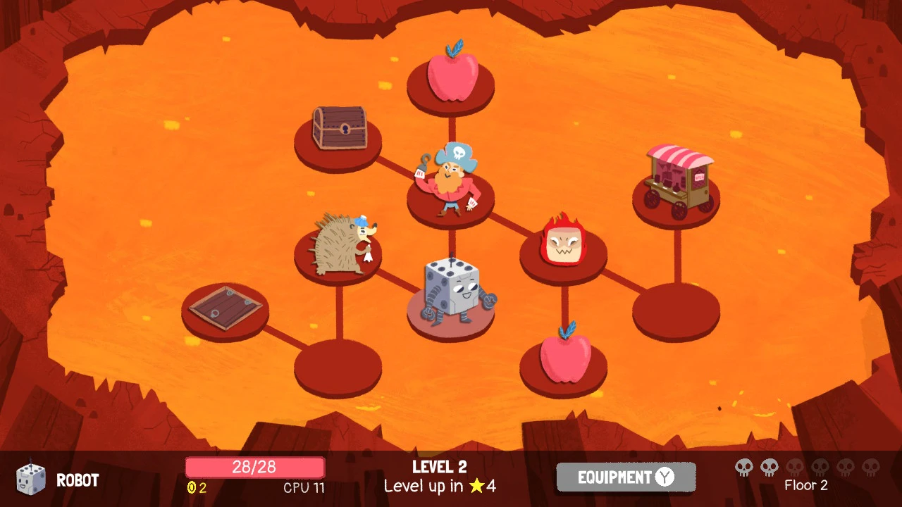 A display of the level 2 screen with enemies, cart, and healing.