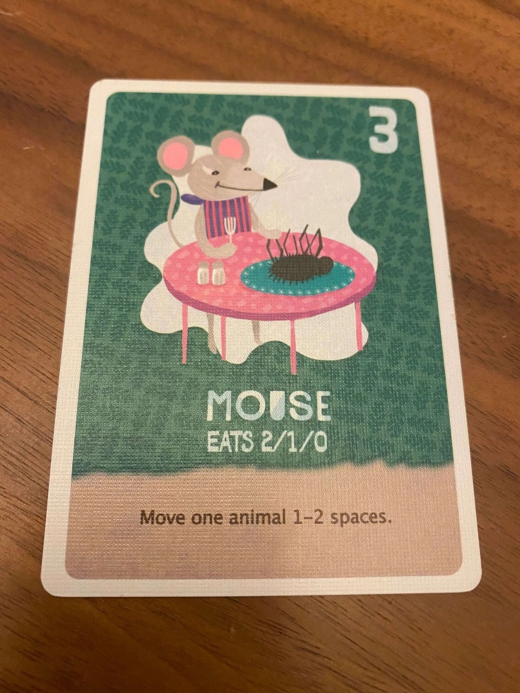 The 3 card is displayed. It is a mouse eating an ant. The ability text reads "Move on animal 1-2 spaces".