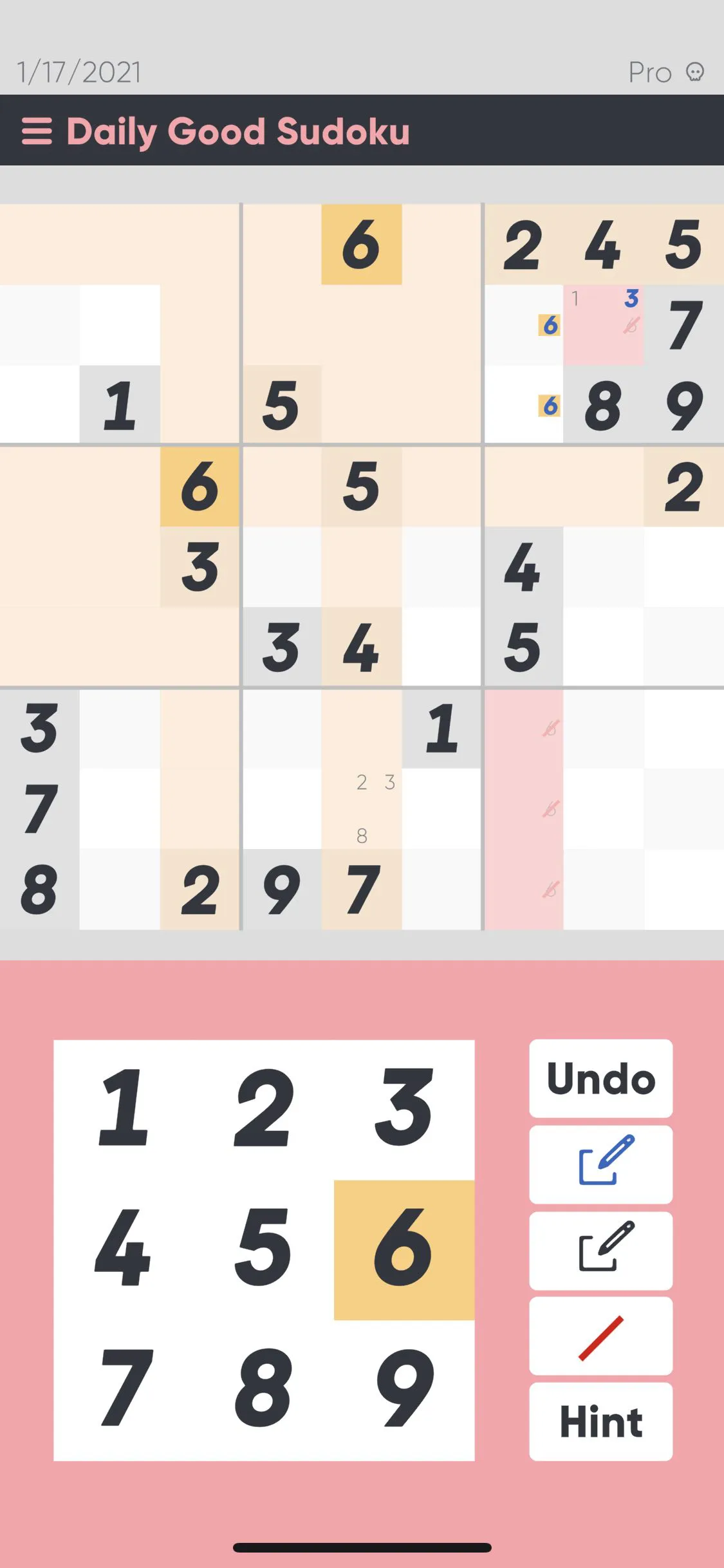 A screenhsot of good sudoku with 6 highlighted.