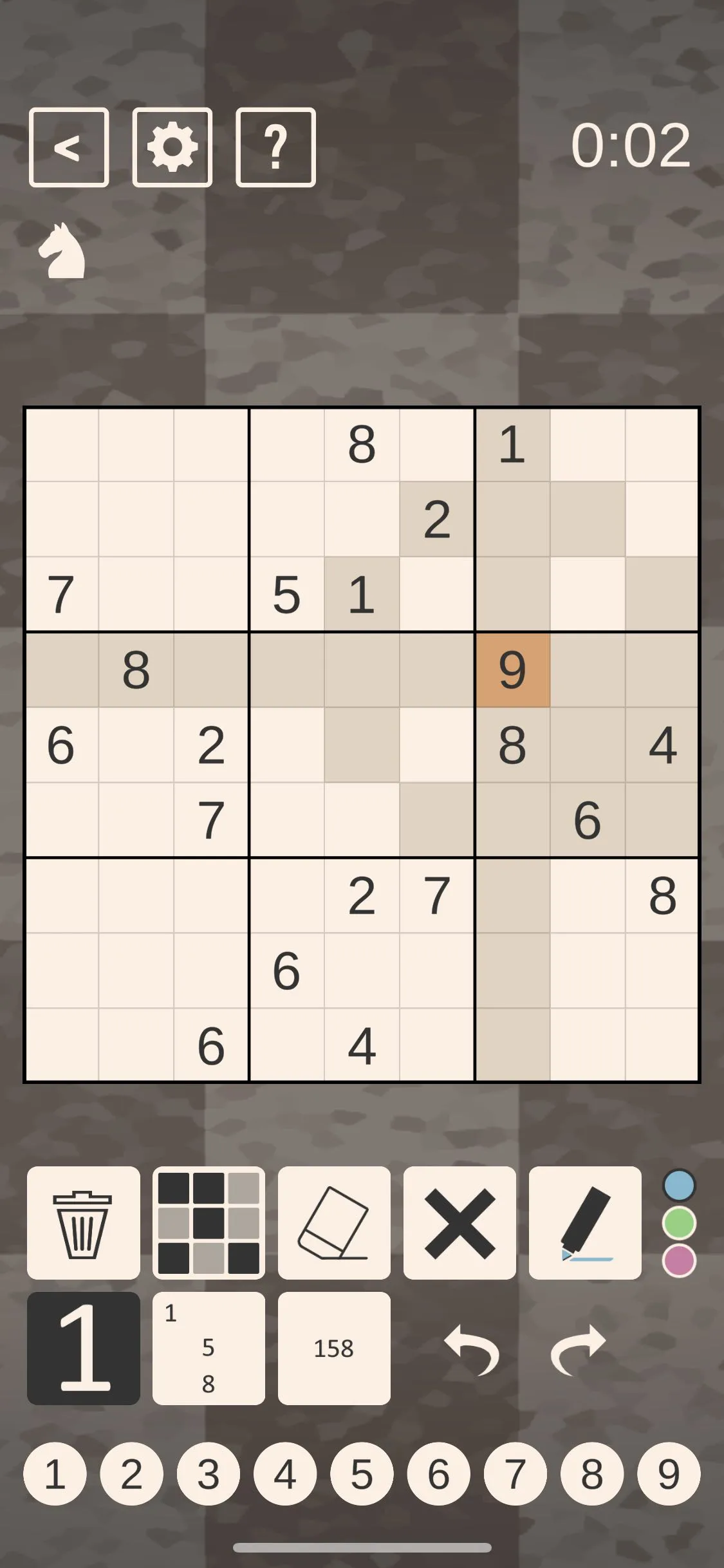 The Chess Sudoku Screen with 9 Highlighted in the 3rd house (top left).