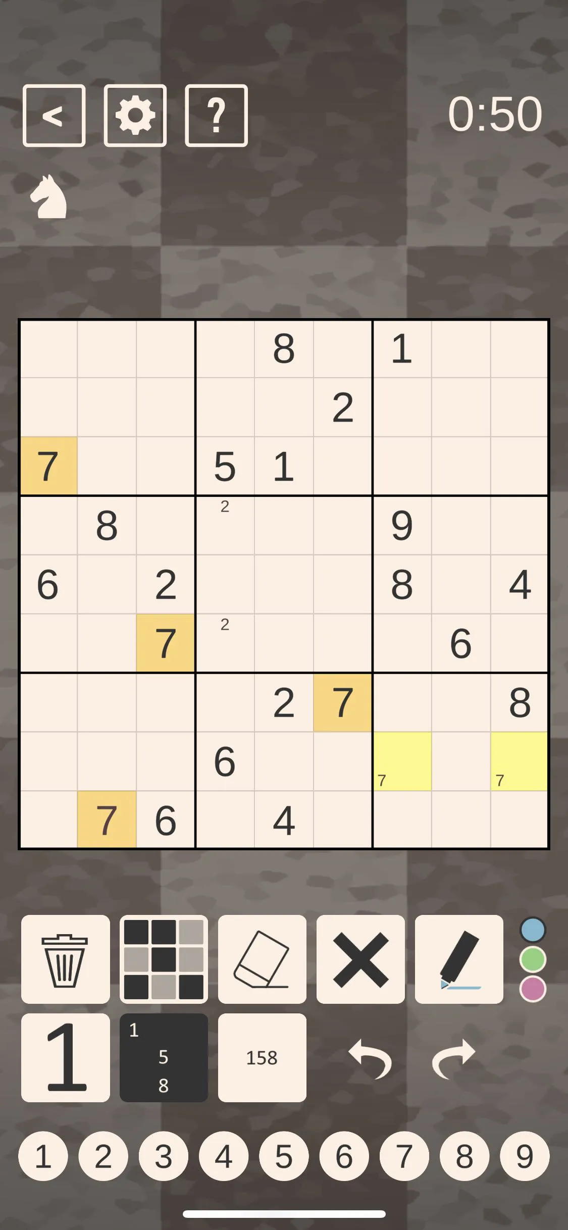 The 7 is highlighted. Squares with 7s are orange and squares with the 7 noted are yellow.