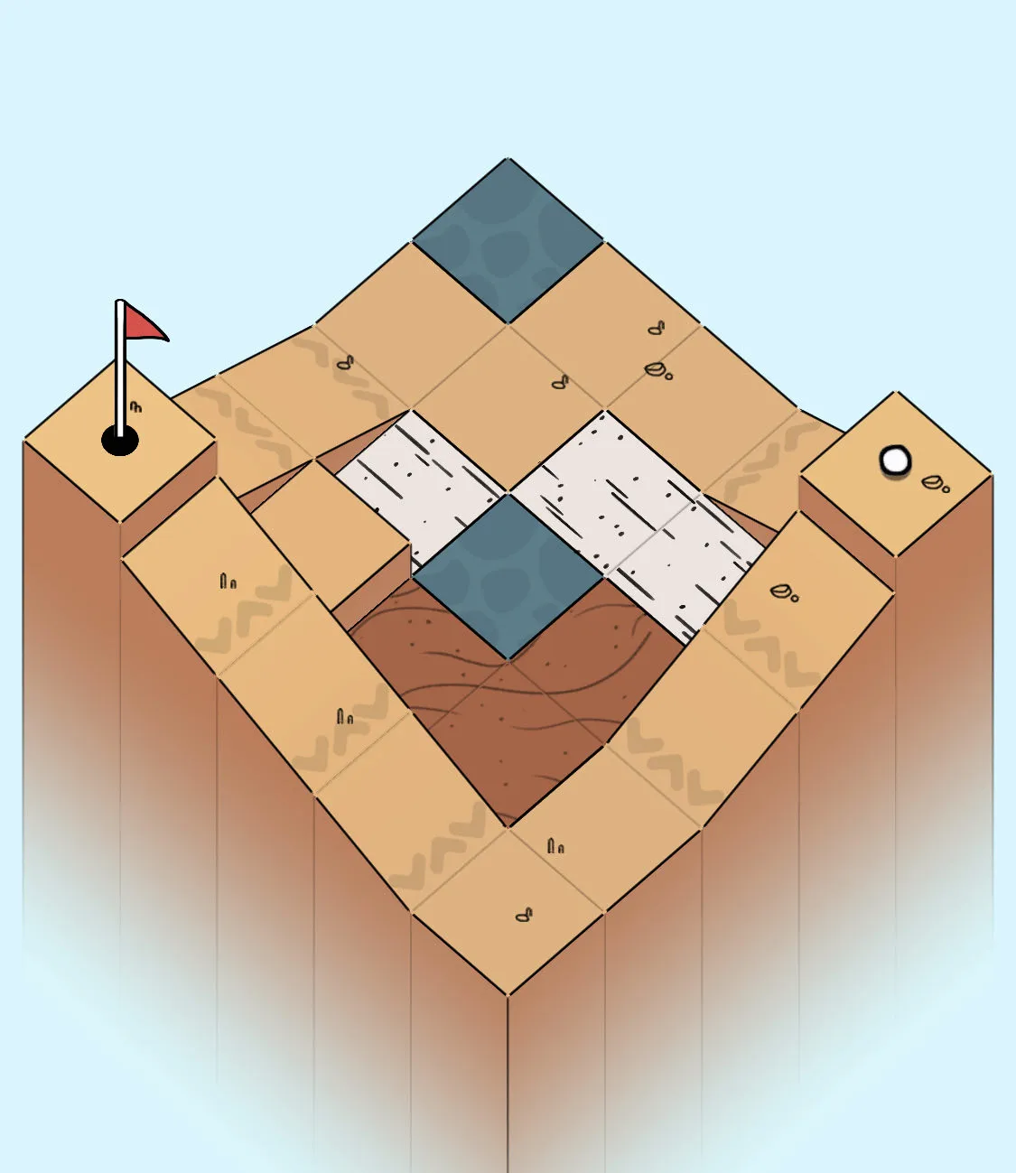 A golf peaks board in the center of the screen. Mostly tan tiles with slopes towards the bottom, and a cliff on either side.