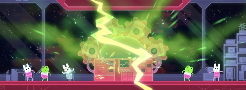 Screenshot of Lovers In A Dangerous Spacetime. Cute animals back up as reactor explodes. 