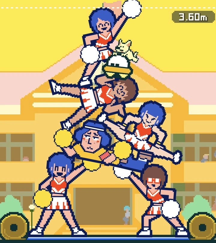 A stack of cheerleaders making a lopsided pyramid. An man is stabilizing the center, looking uncomfortable. 