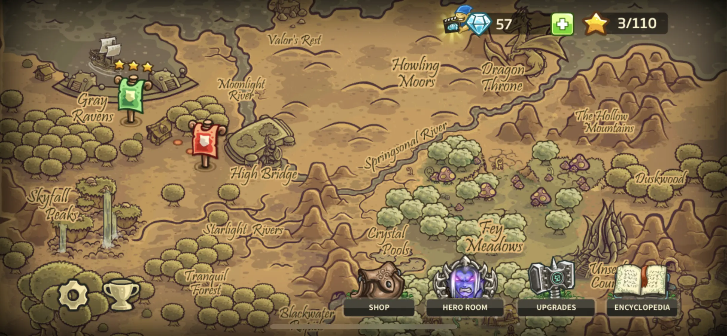 A map displaying the different levels of kingdom rush with icons in the lower left allowing player acations.
