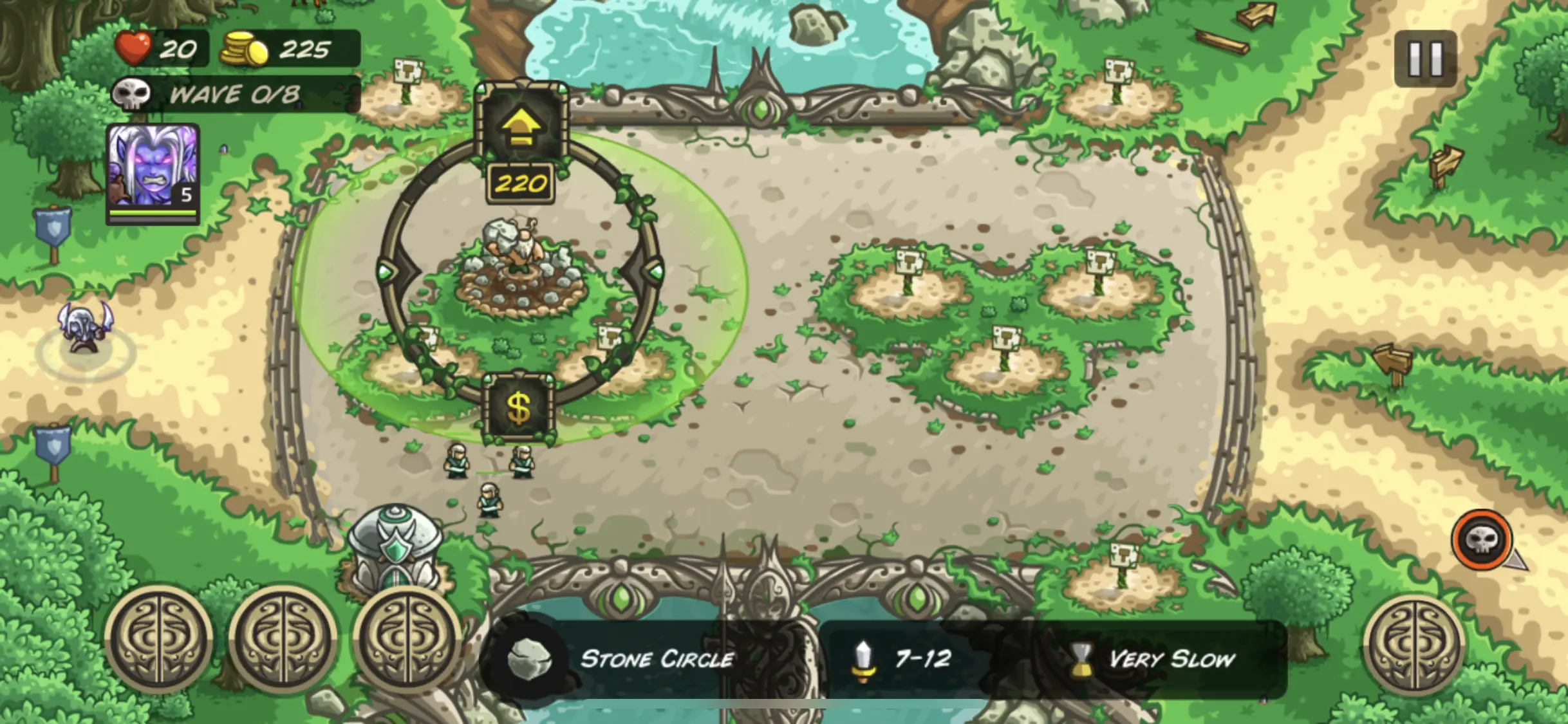 Level map showing a tower selected with the ability to upgrade for 200 gold
