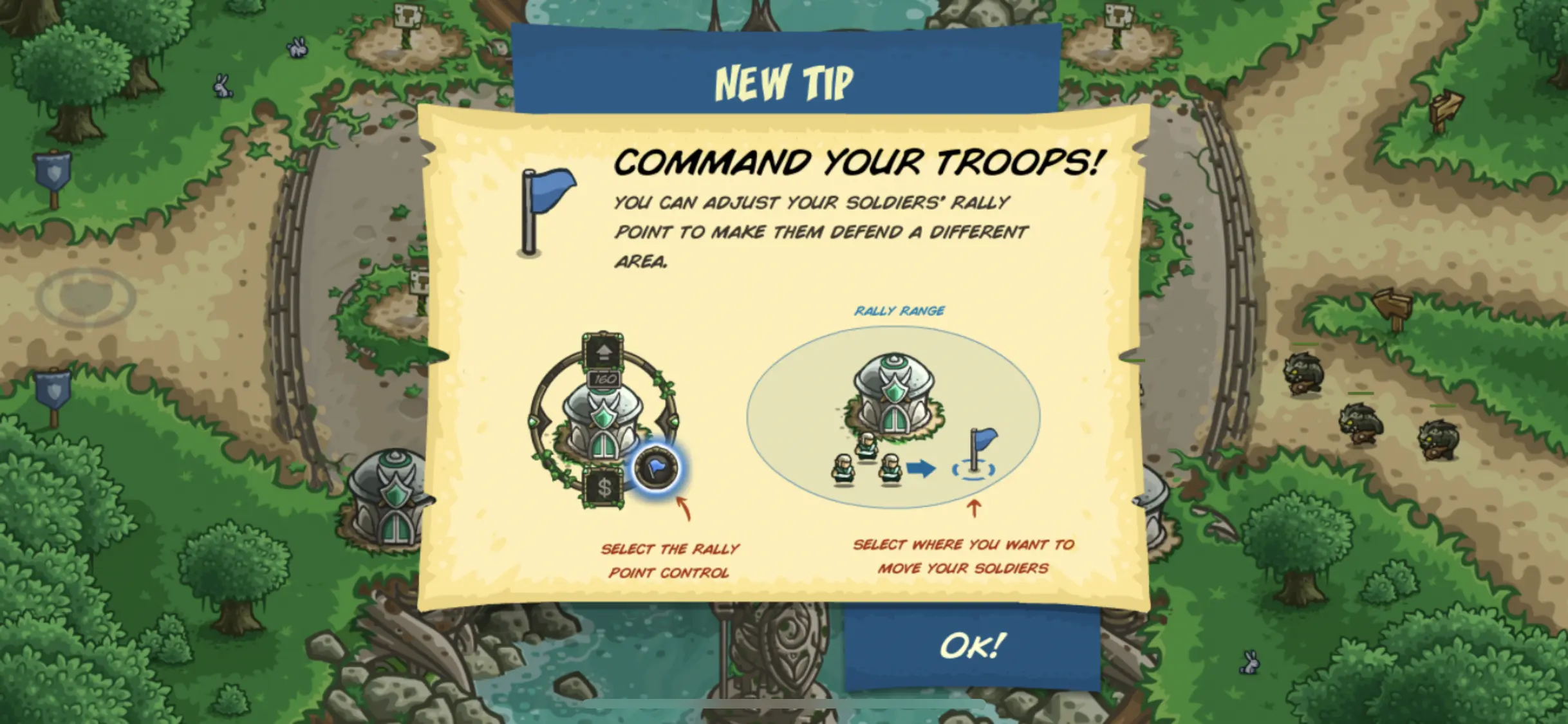 A modal with information about how to move troops around the screen
