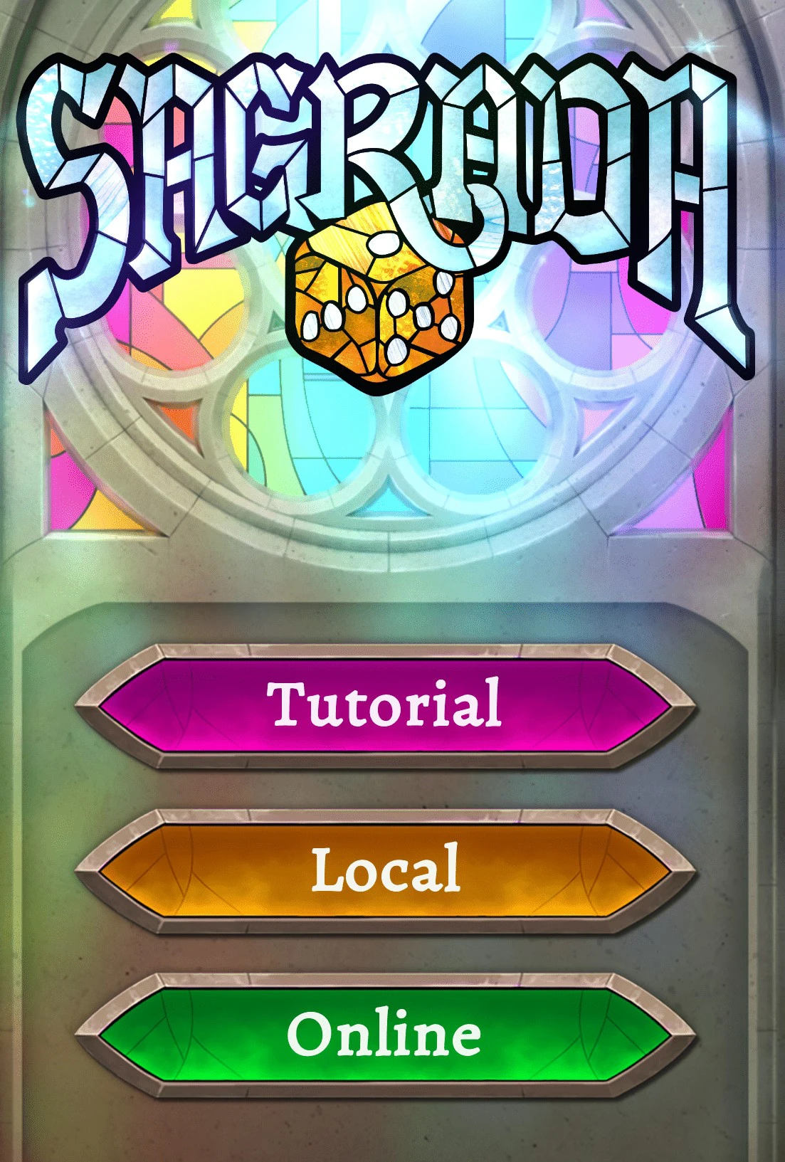 sagrada primary menu with tutorial, local, and online options