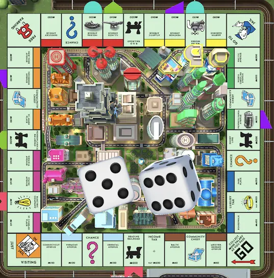 Monopoly app board with two dice in the center