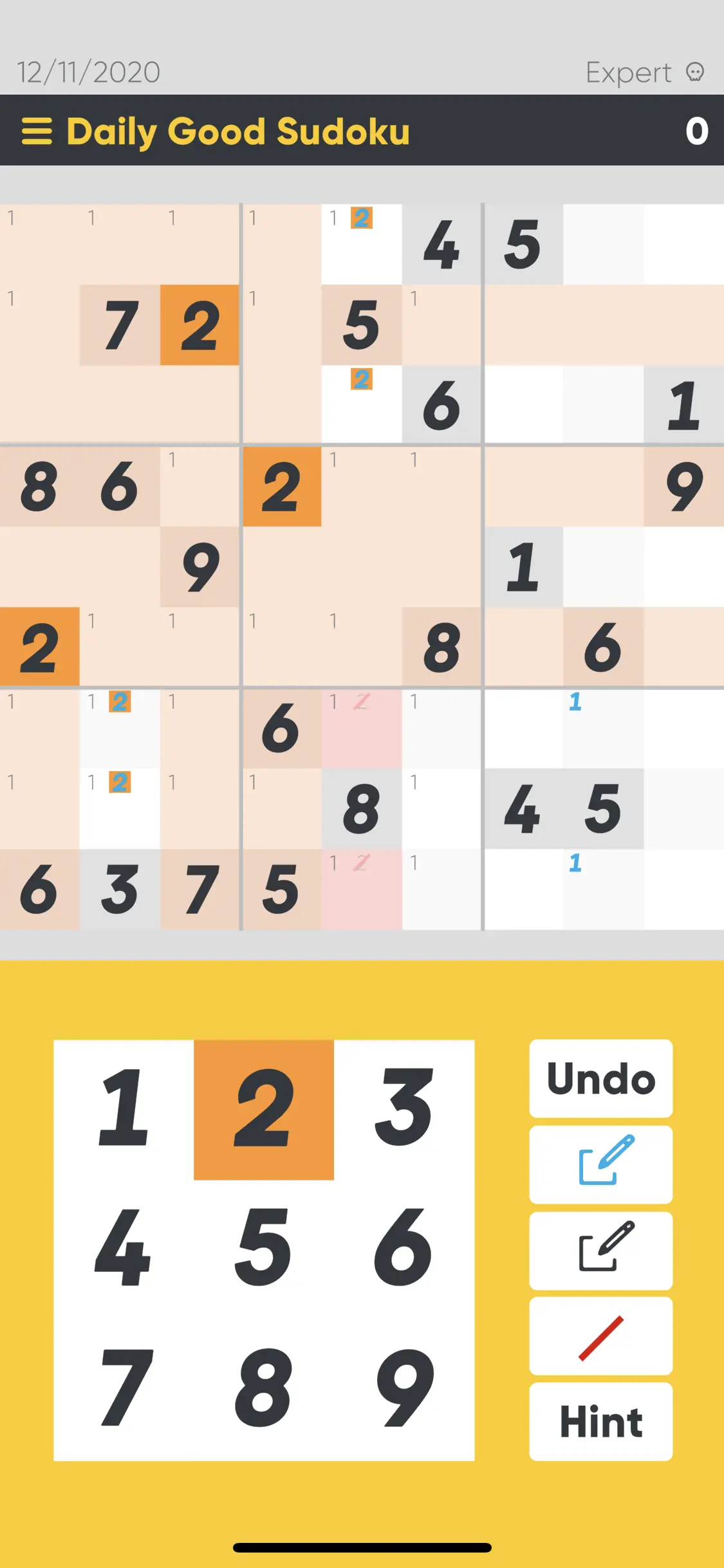 Good Sudoku board in yellow, with #2 selected, some are crossed out, some numbers are selected.
