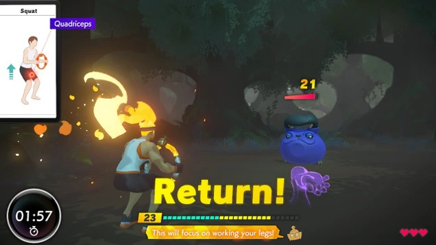 Image of a player doing squats to fight a monster shaped like a kettle bell. 
