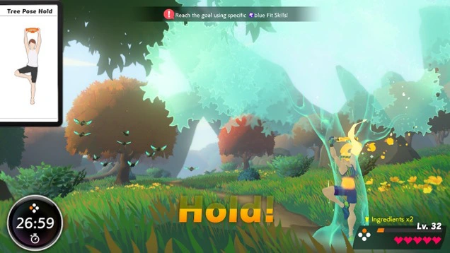 Image of a player character doing a yoga tree pose to disguise himself as a tree. 